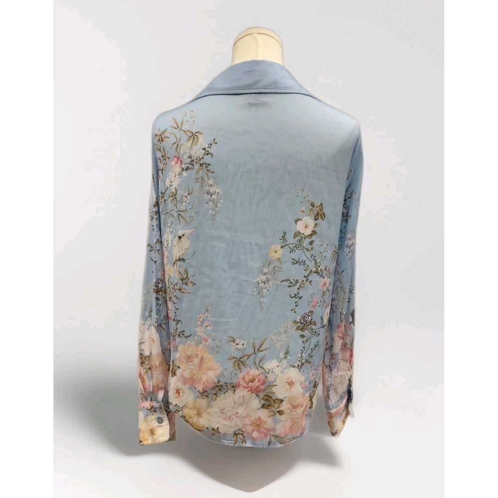 Rachel Zoe Blouse Button Up Shirt Silky Blue Lavish Floral Parrot Glam Print S - Picture 5 of 7